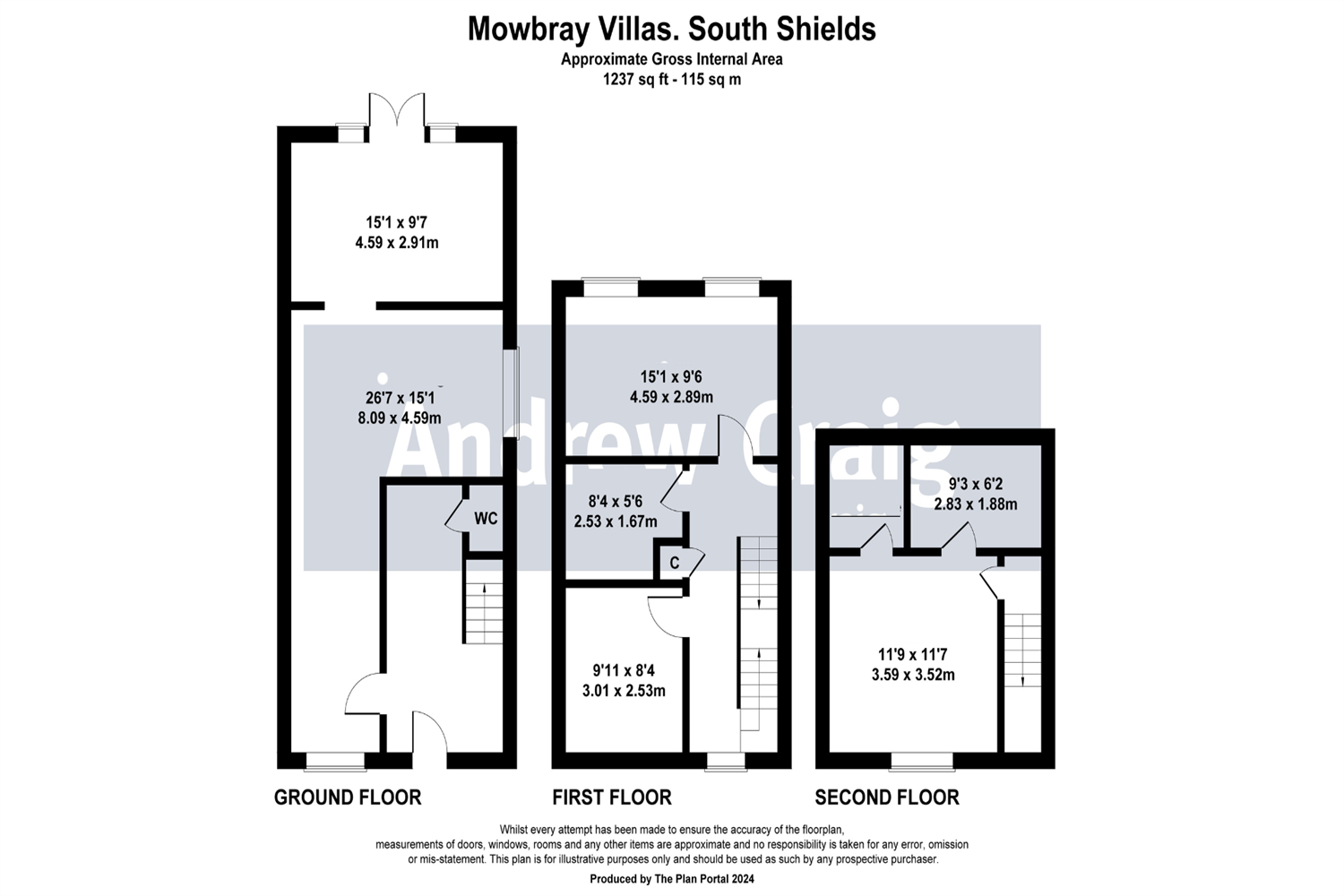 3 bed end of terrace house for sale in Mowbray Villas, South Shields - Property floorplan
