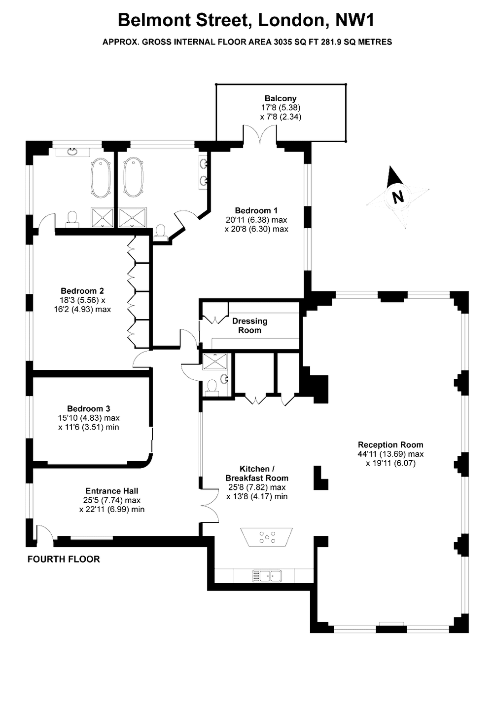 3 bed apartment to rent in Belmont Street, London - Property Floorplan
