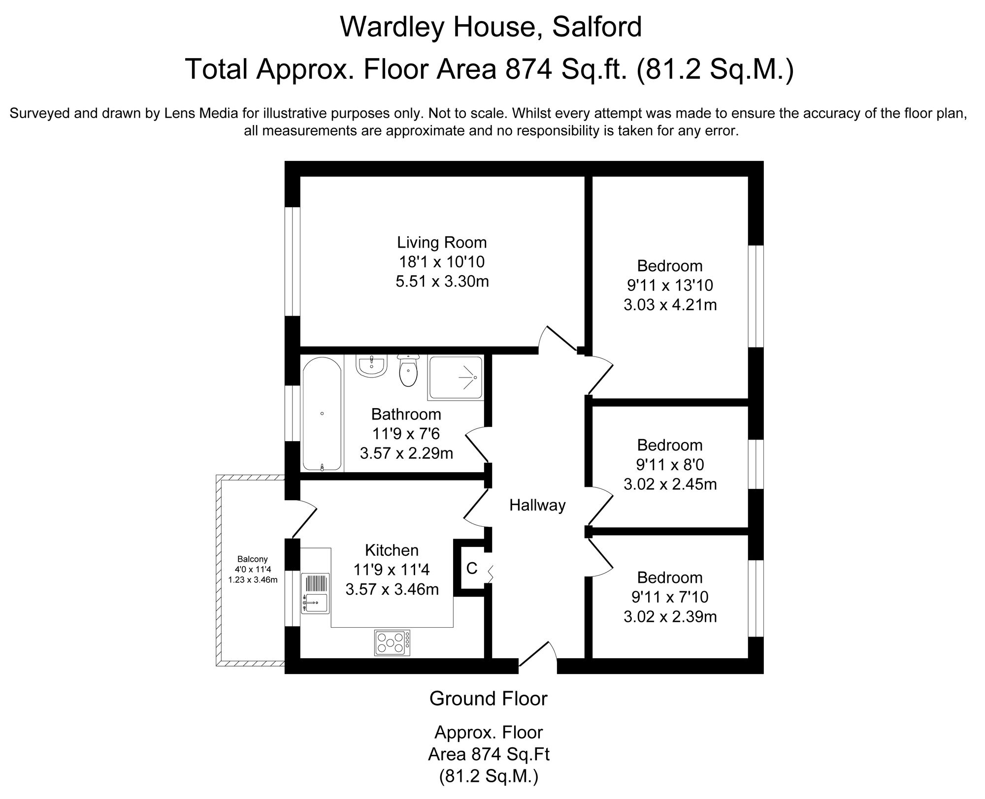 3 bed flat to rent in Moss Meadow Road, Salford - Property Floorplan