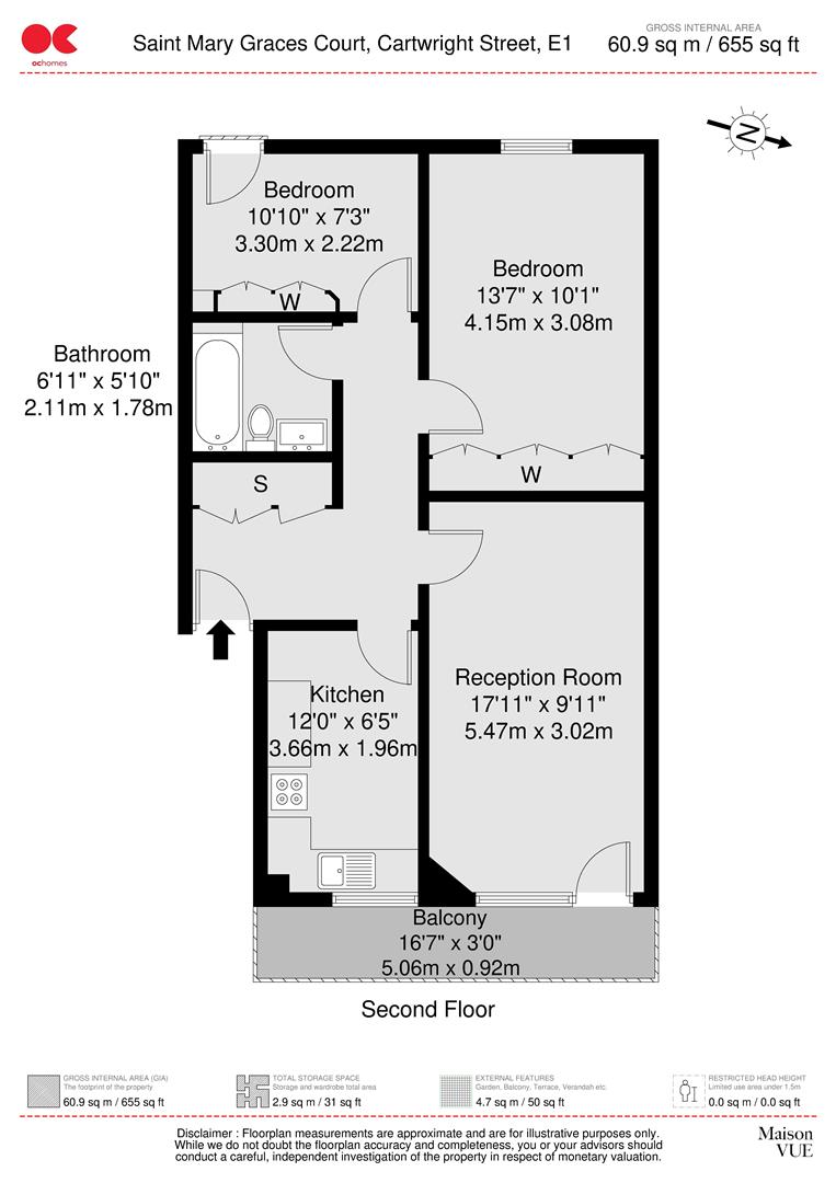 2 bed flat for sale in Cartwright Street, Tower Hill - Property floorplan