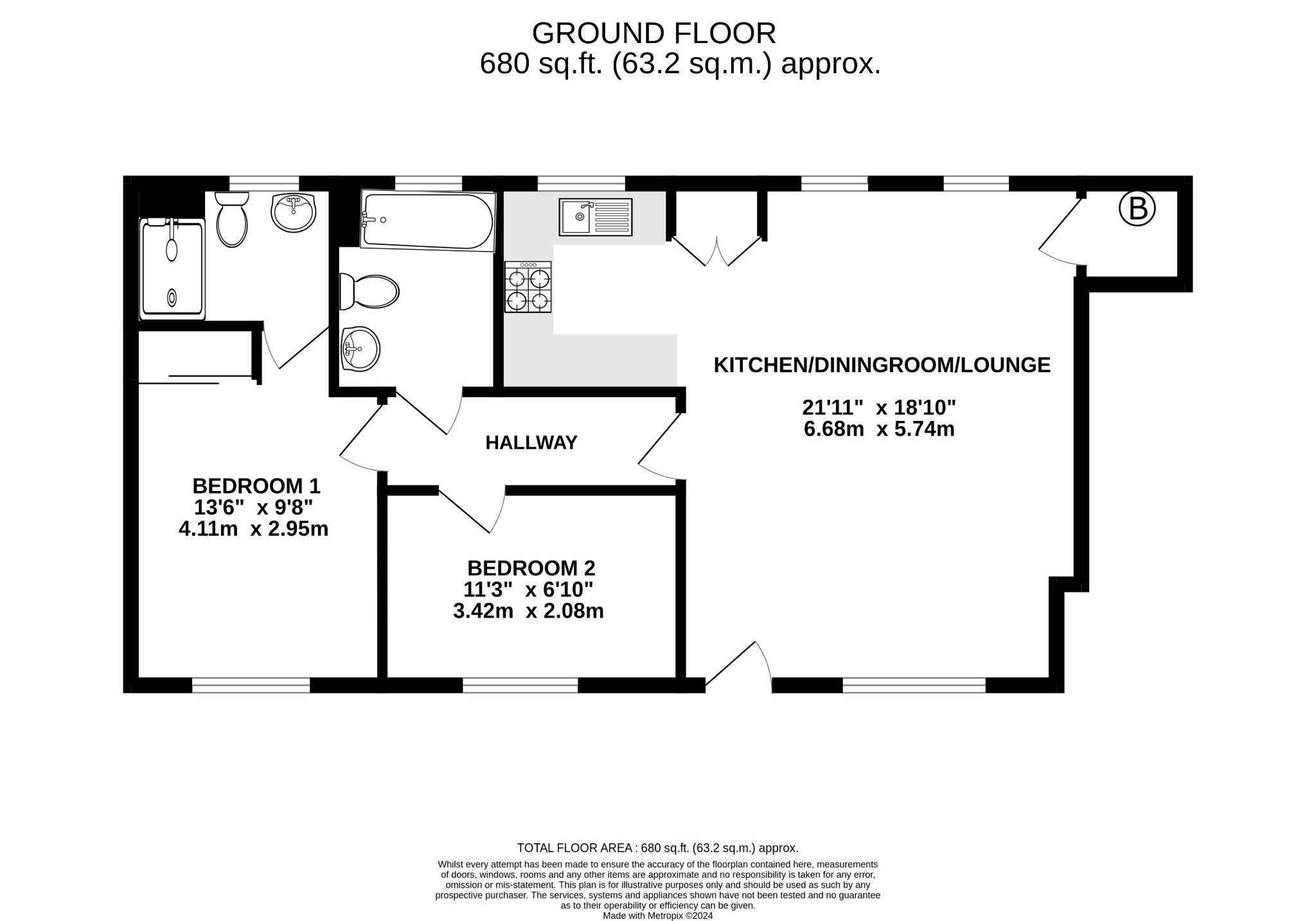 2 bed ground floor flat for sale in Kempston, Bedfordshire - Property Floorplan