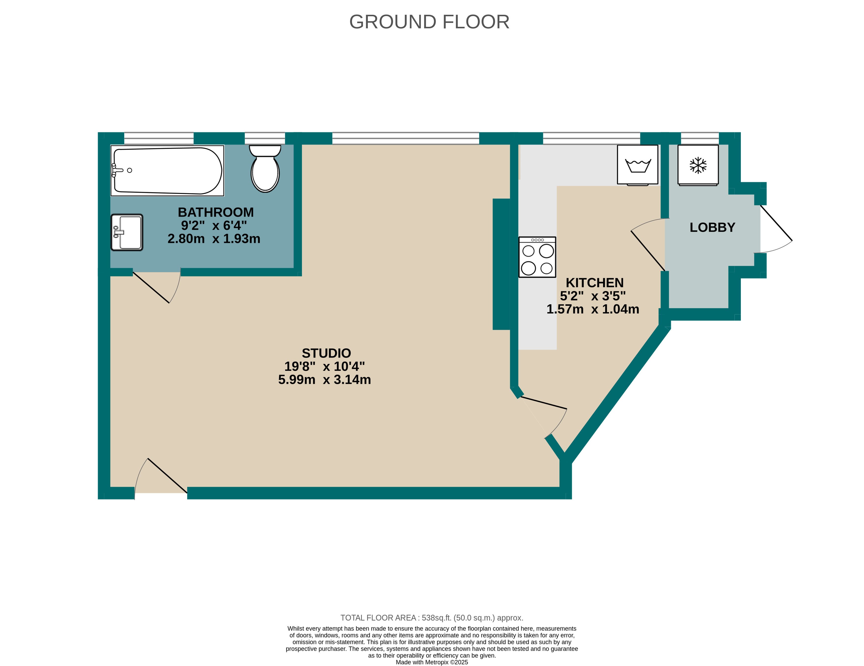 1 bed studio flat to rent in Richmond Hill, Bournemouth - Property floorplan