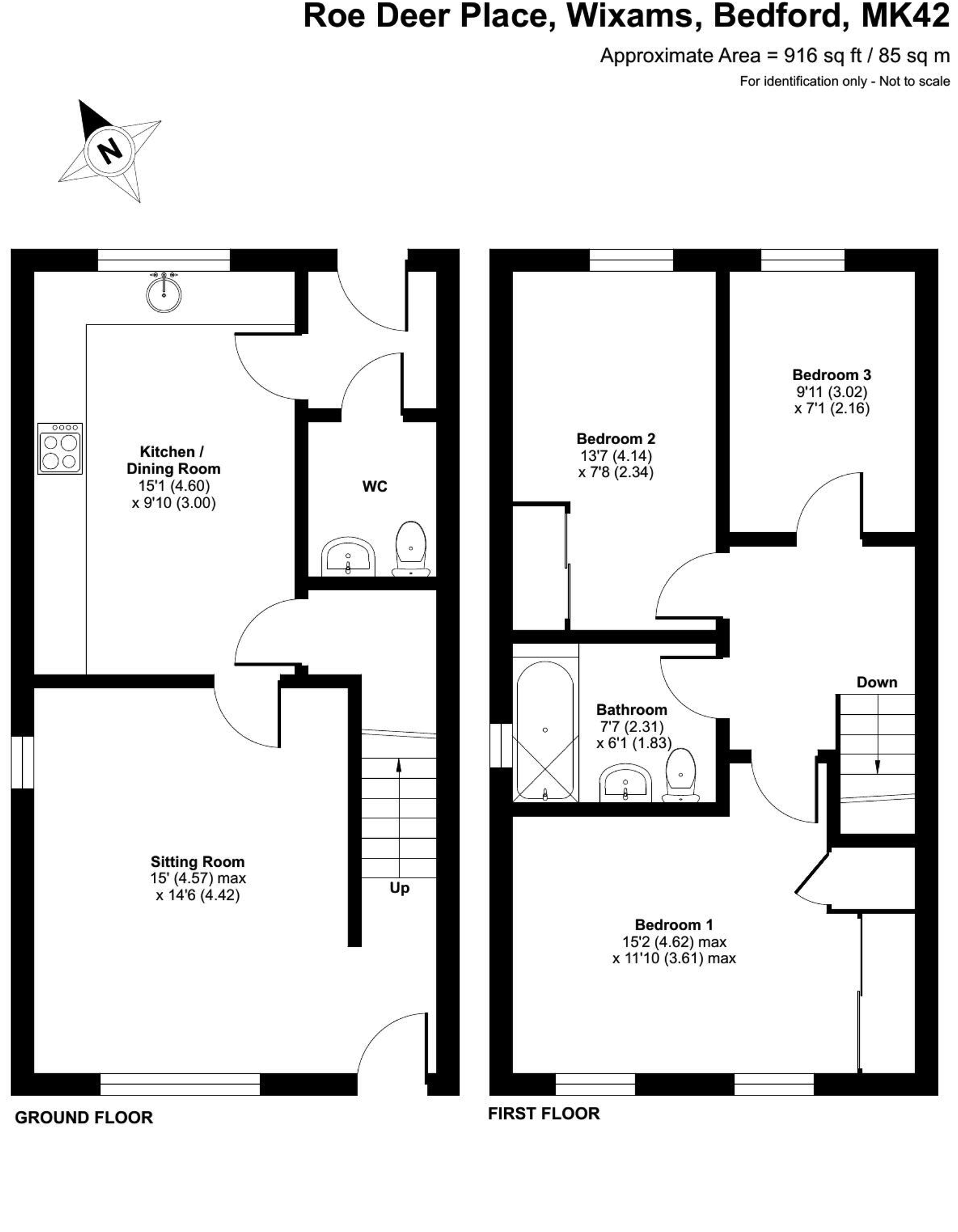 3 bed end of terrace house for sale in Roe Deer Place, Bedford - Property floorplan