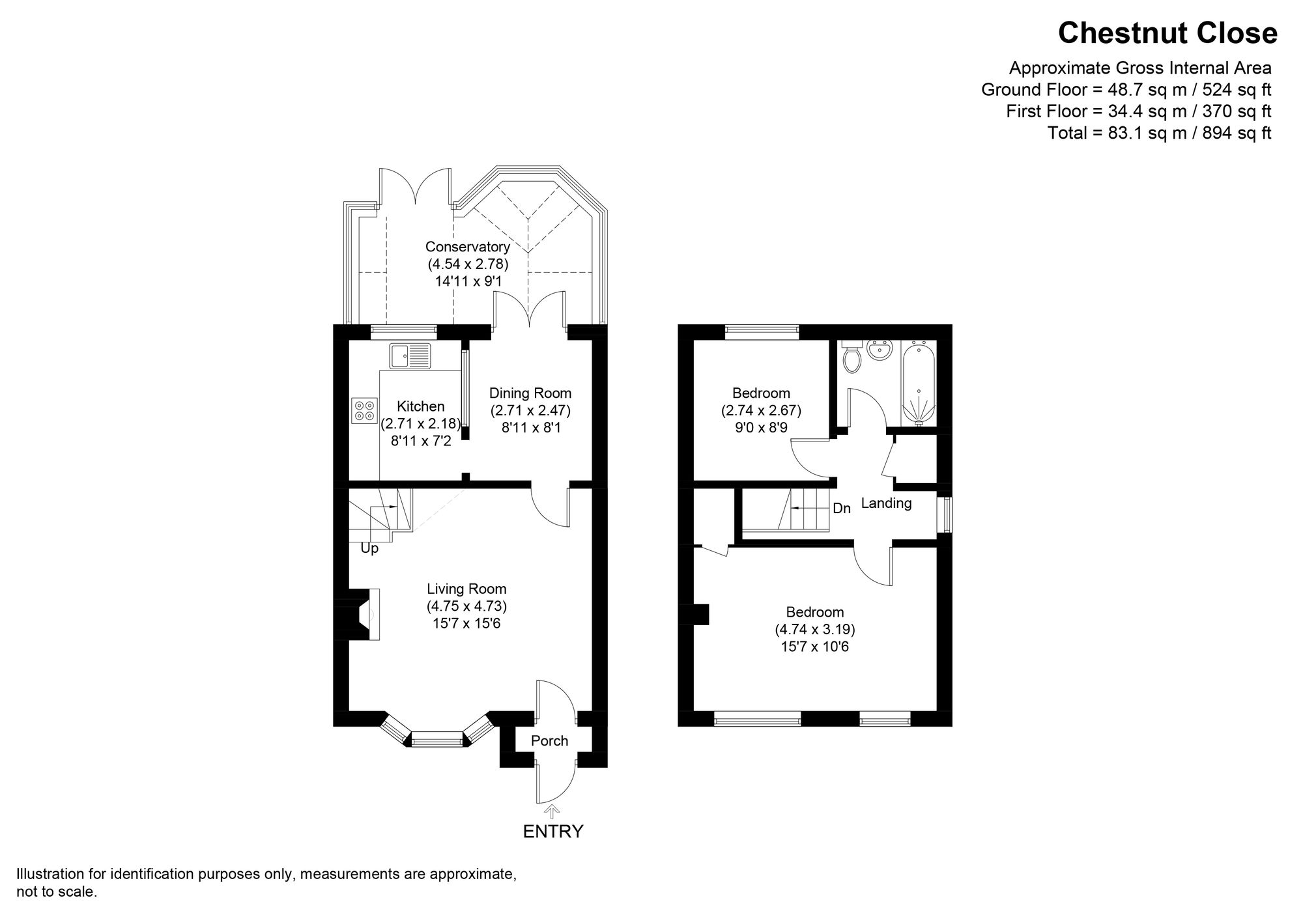 2 bed semi-detached house for sale in Chestnut Close, Pershore - Property floorplan