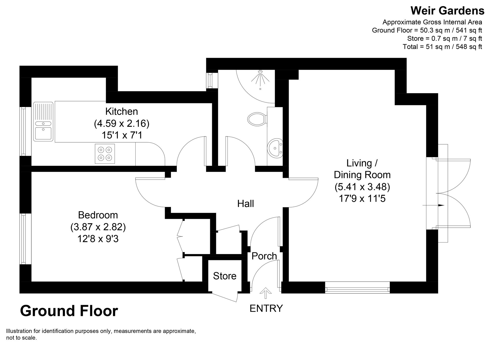 1 bed semi-detached bungalow for sale in Weir Gardens, Pershore - Property floorplan