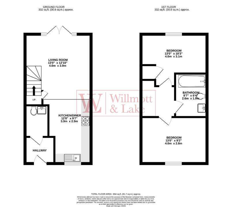 2 bed semi-detached house for sale in Searle Way, Bishop's Stortford - Property floorplan