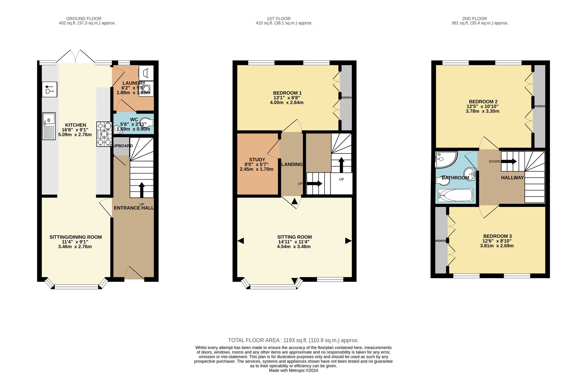 3 bed terraced town house to rent in Barbers Mead, Taunton - Property floorplan