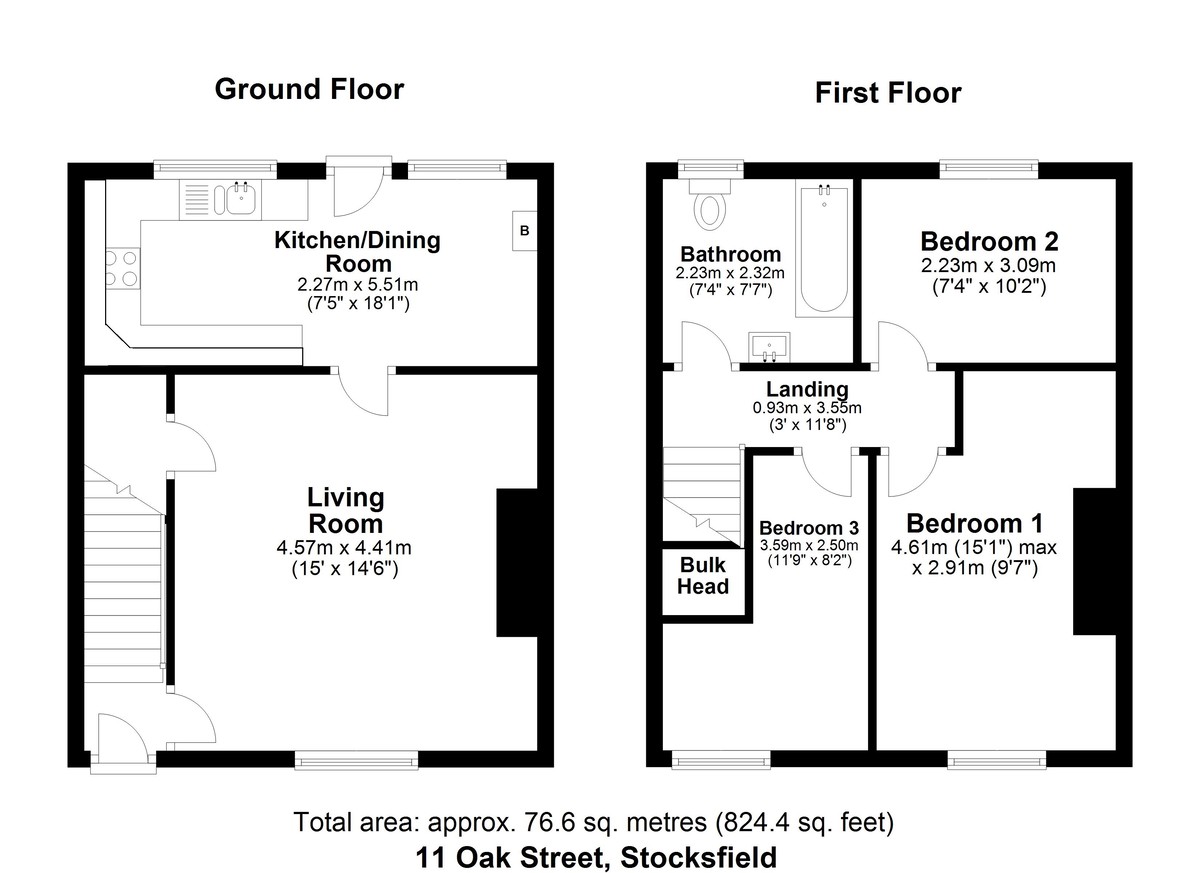 3 bed terraced house for sale in Oak Street, Stocksfield - Property floorplan