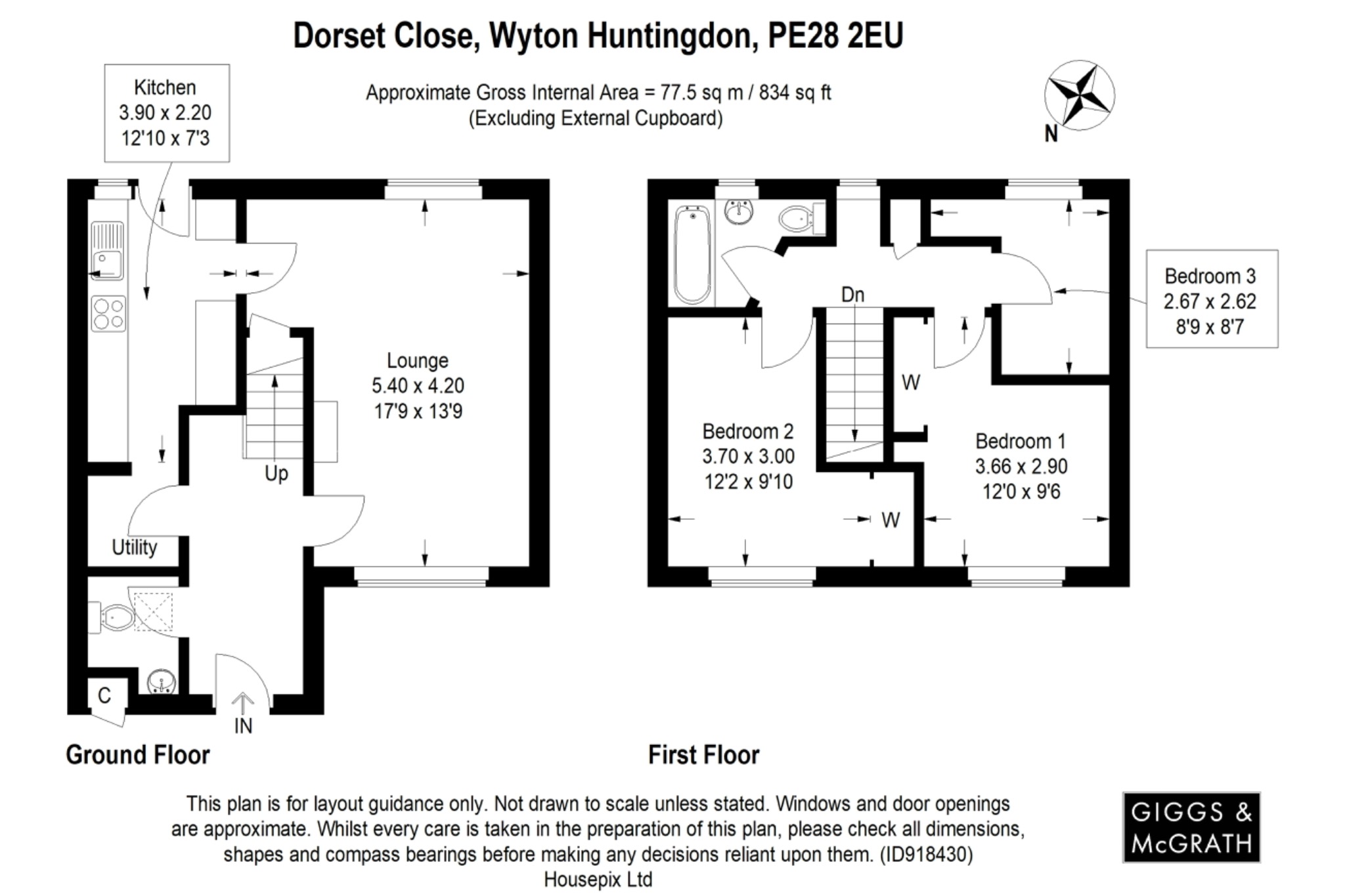 3 bed terraced house for sale in Dorset Close, Huntingdon - Property Floorplan